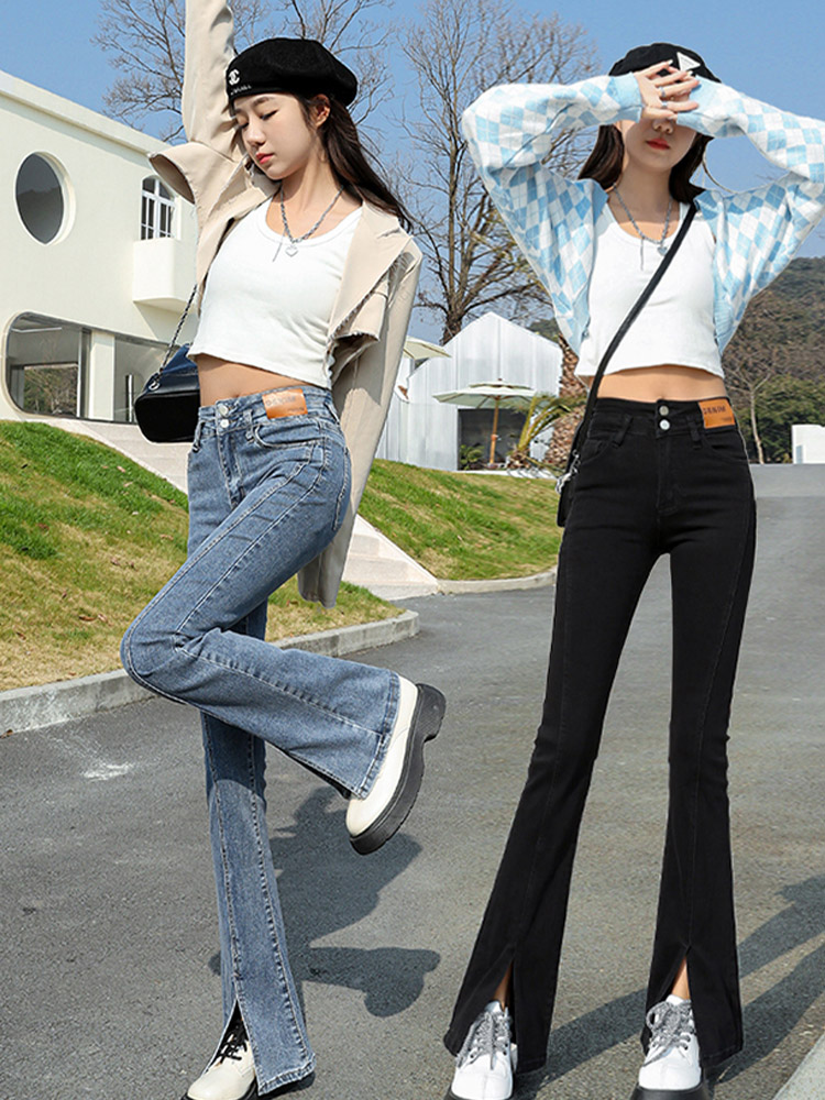 秋季微喇牛仔裤浅蓝色复古女高腰显瘦休闲宽松弹力开叉阔腿喇叭裤