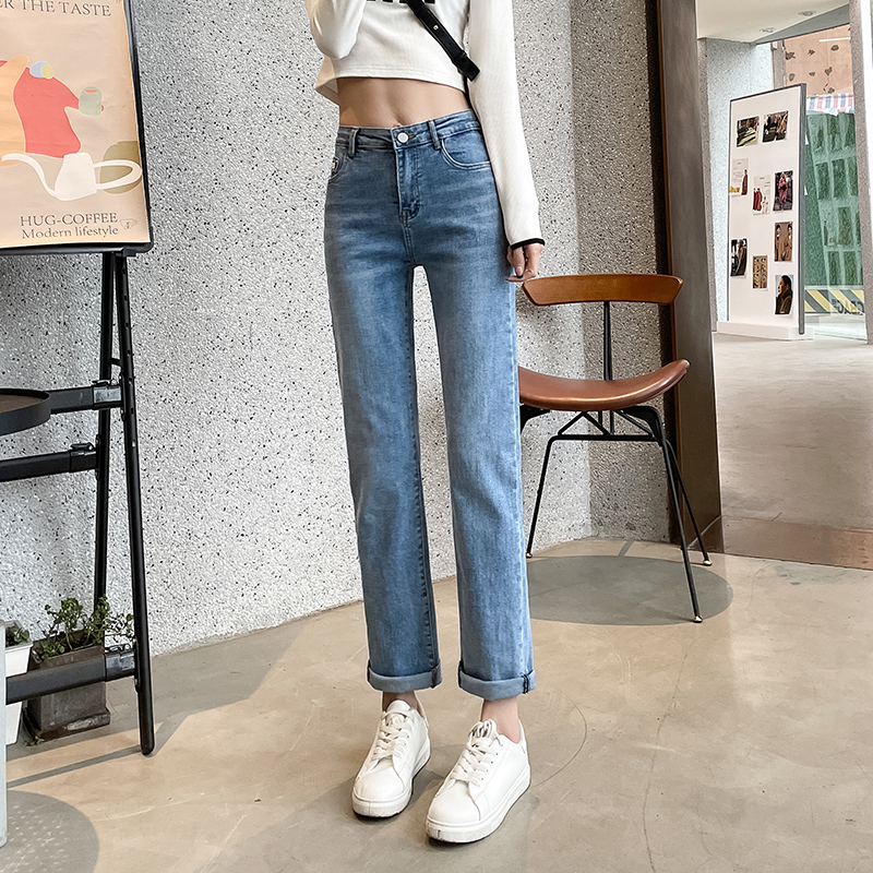 直筒裤女高腰宽松显瘦牛仔裤加长烟管裤胖妹妹大码裤子