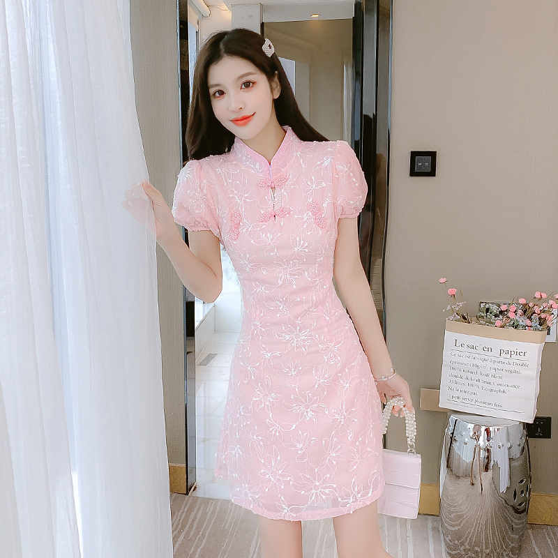 中国风复古民国富家千金风古法年轻款少女粉色亮片改良旗袍连衣裙