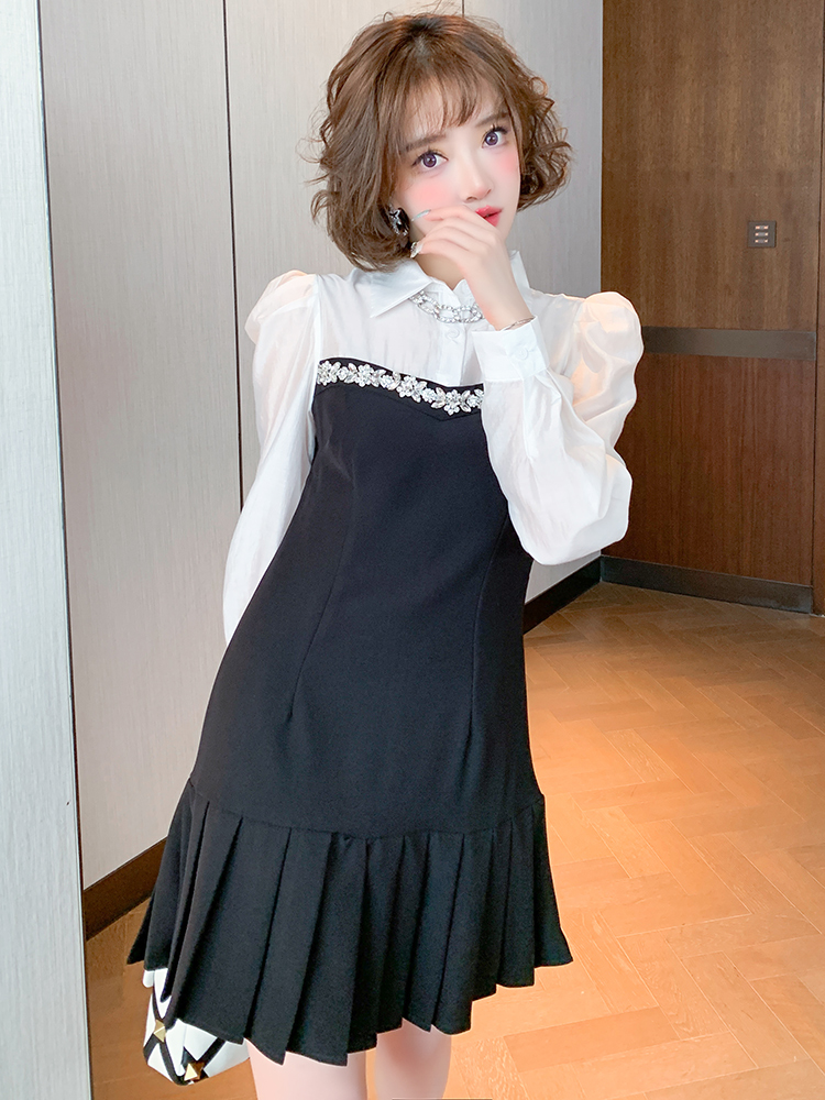 法式优雅翻领泡泡袖镶钻拼接百褶裙摆连衣裙女