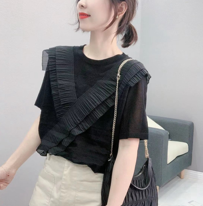 夏季宽松蕾丝拼接木耳边圆领冰丝针织衫女短袖T恤上衣