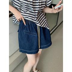 深蓝色高腰牛仔短裤女夏新款欧洲站欧货时尚松紧腰宽松阔腿裤