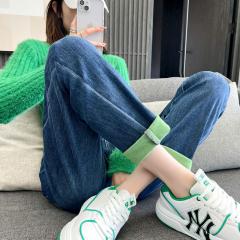 宽松翻边哈伦牛仔裤女春秋新款韩版高腰休闲显瘦萝卜老爹裤