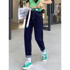 深蓝宽松老爹跨裤弹力显瘦八分女牛仔哈伦裤