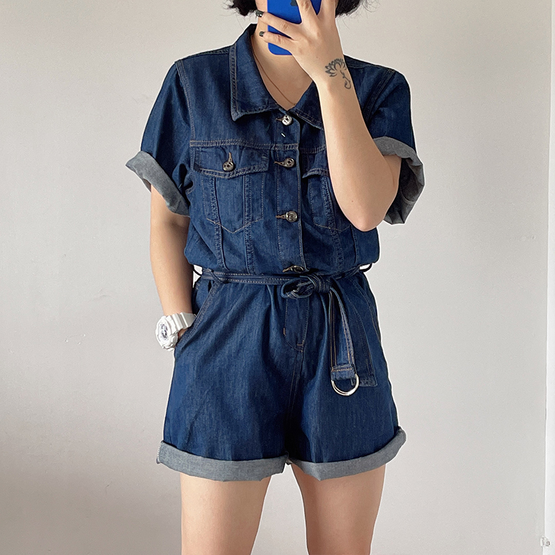 高腰工装牛仔连体裤女夏新款小个子慵懒风短裤女