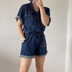 高腰工装牛仔连体裤女夏新款小个子慵懒风短裤女