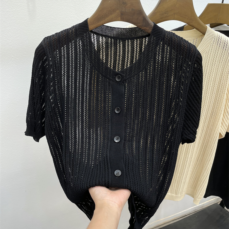 夏季新款镂空微透亚麻t恤纯色短袖别致上衣