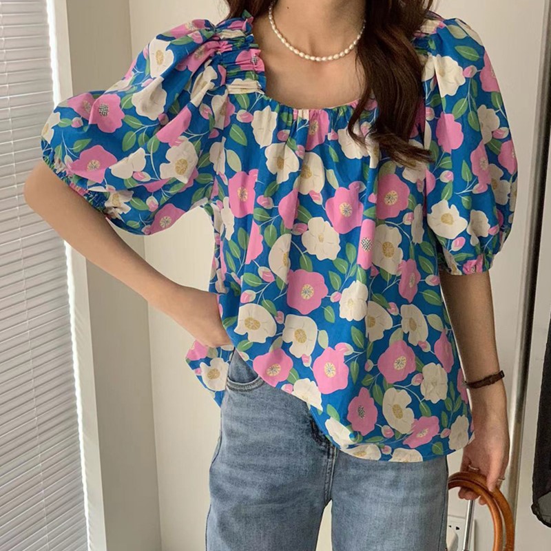 夏季小清新方领显瘦彩色花朵图案泡泡袖一字肩衬衫