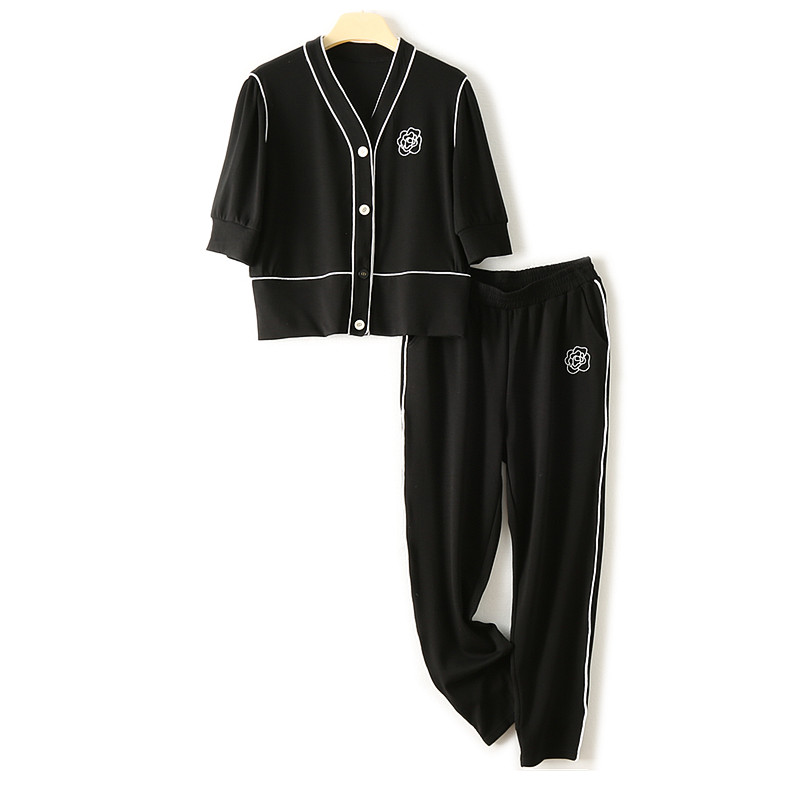 温柔气质 V领短外套配铅笔裤 时尚套装白条装饰短袖两件套女夏季