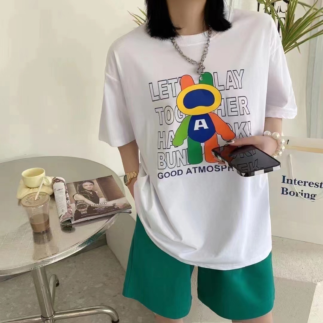 机器小熊T恤女夏季新款卡通印花短袖圆领舒适上衣潮