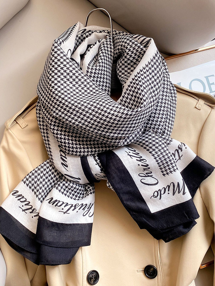 新款韩版千鸟格棉麻围巾女春秋夏季百搭薄款丝巾防晒纱巾披肩长款