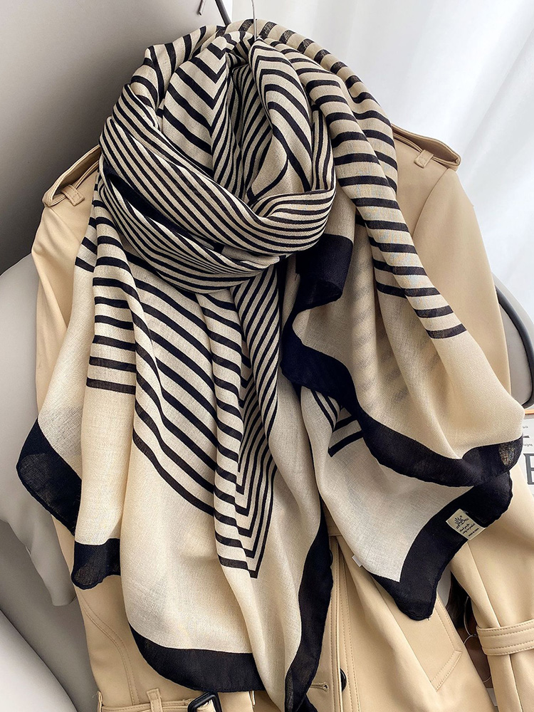 新款韩版时尚拼色条纹丝巾女春秋薄款围巾夏季披肩外搭纱巾百搭潮