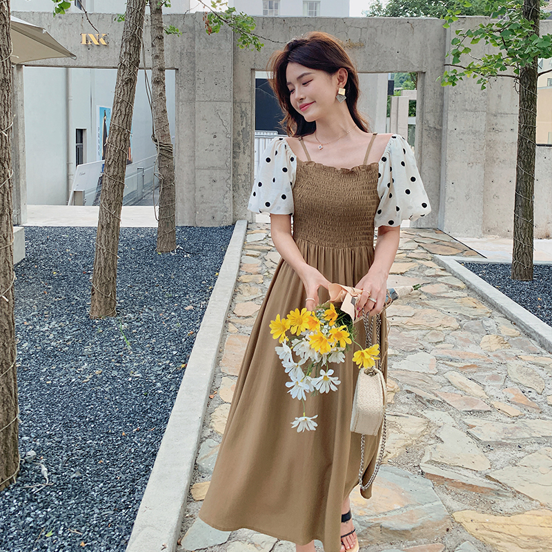 法式复古拼接泡泡袖吊带连衣裙女夏新款温柔风设计感显瘦长裙