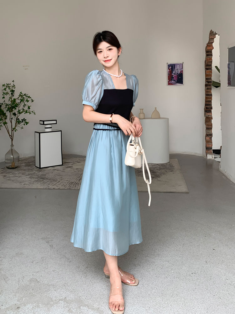 夏季天丝新款蓝色法式连衣裙女装中长裙修身短袖显瘦洋气时尚