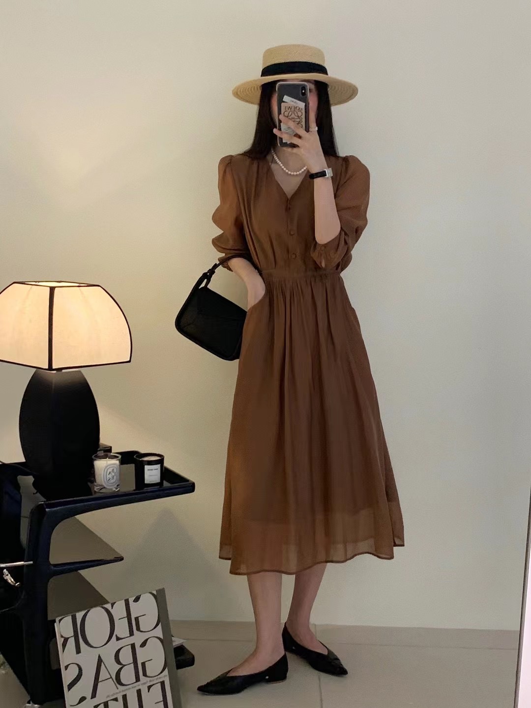 新款收腰长袖显瘦连衣裙女小个子V领气质优雅中长A字裙潮