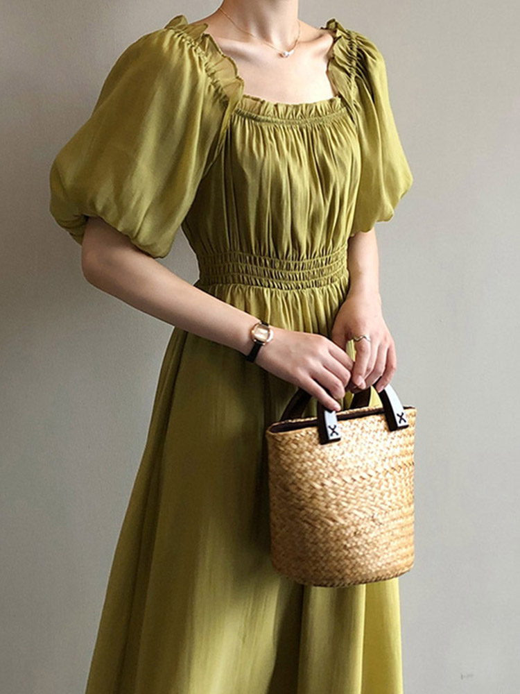 气质法式荷叶边纯色泡泡袖收腰连衣裙女高级感通勤真丝薄款长裙夏