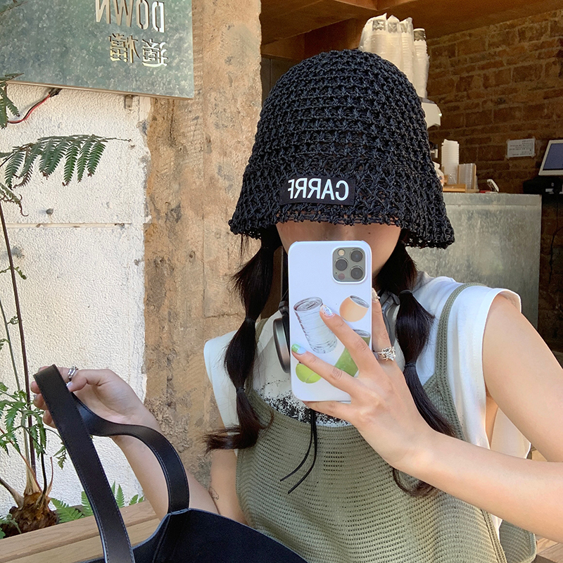 防晒帽女夏编织镂空字母盆帽全脸遮阳防紫外线帽渔夫帽