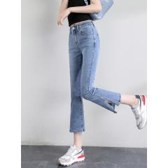 开叉牛仔裤女夏薄款小个子九分高腰显瘦直筒紧身弹力女牛仔裤