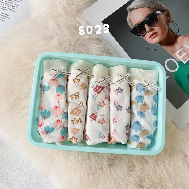 薄款5条装性感花边印花内裤女中腰纯棉裆透气三角裤头