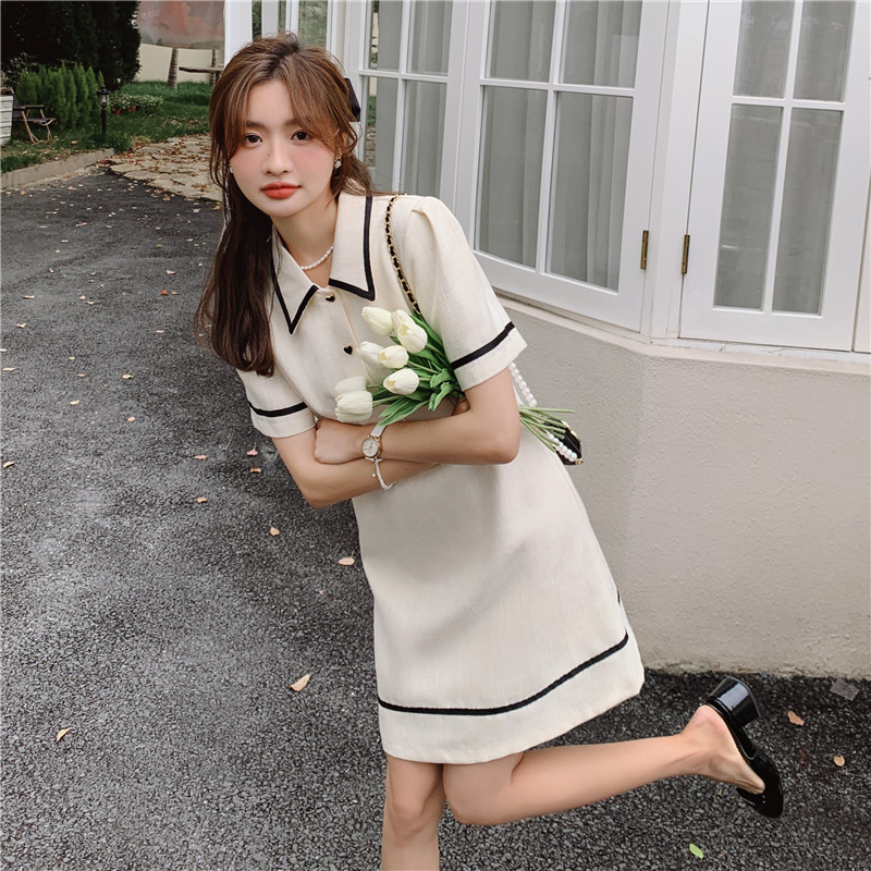 气质小香风连衣裙女夏季小个子修身显瘦休闲POLO领白色裙子