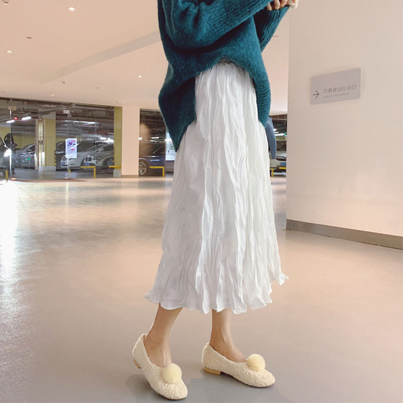 不规则白色褶皱半身裙女早秋法式超仙高腰显瘦A字裙仙女温柔长裙