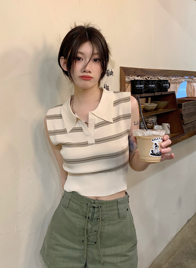 夏季polo领条纹冰丝针织衫无袖T恤女修身洋气上衣ins潮