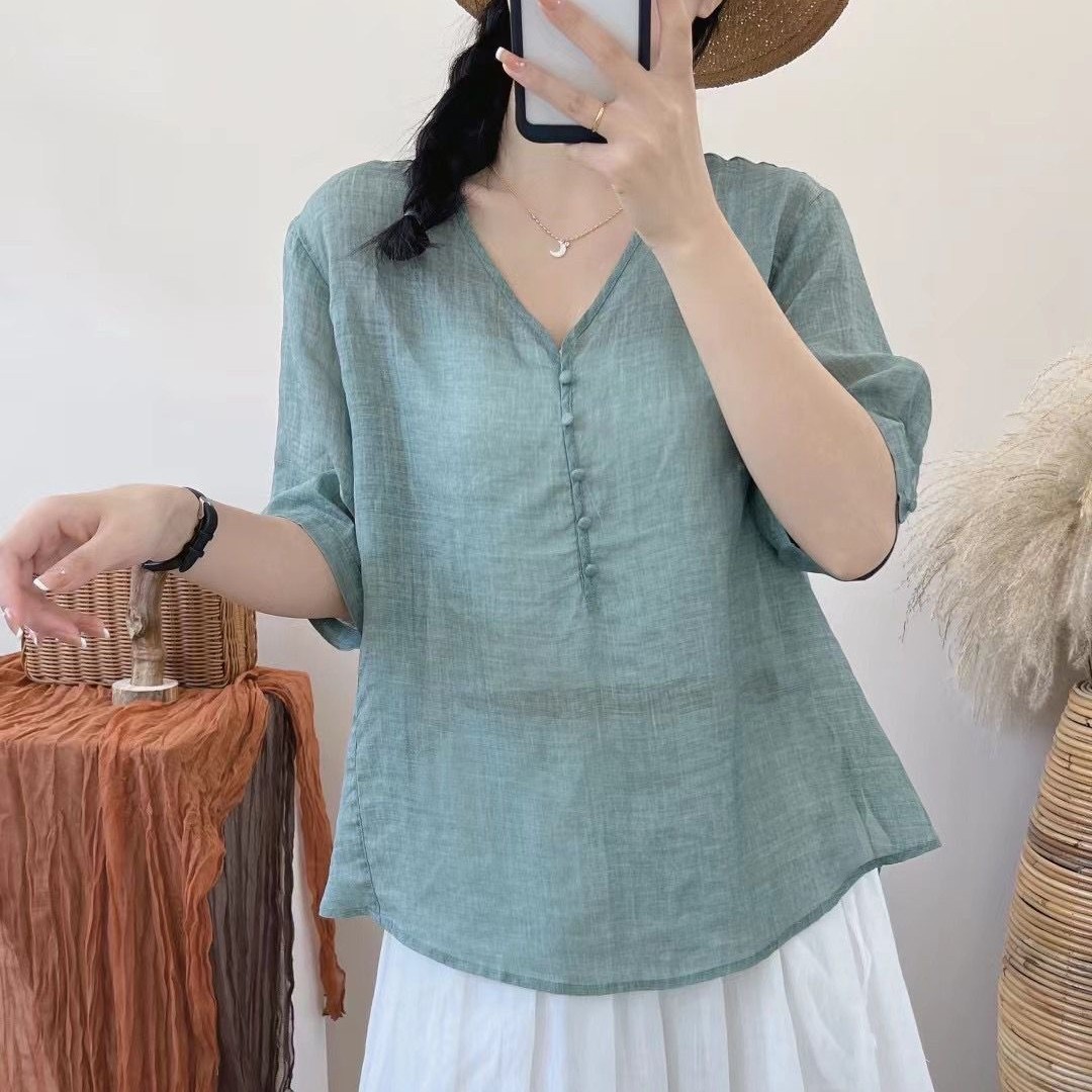 苎麻小包扣纯色T恤新款