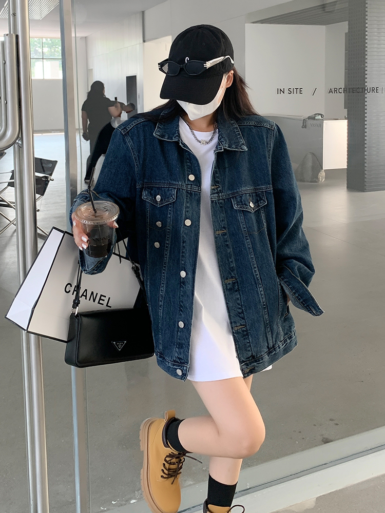 复古牛仔外套早秋宽松显瘦中长款垫肩外套潮