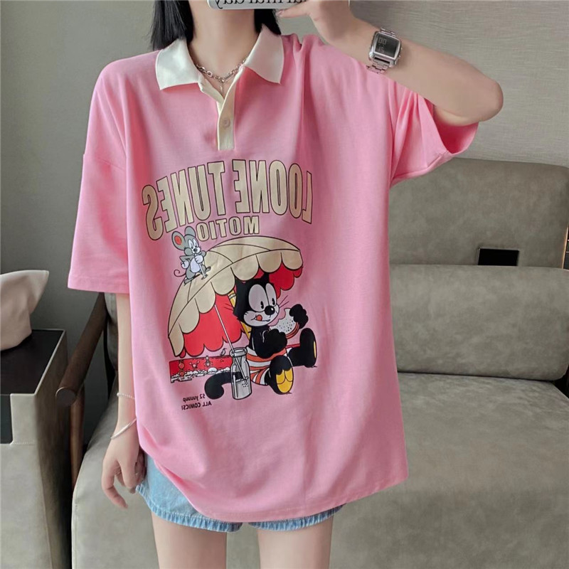 韩版宽松卡通印花百搭减龄POLO衫T恤