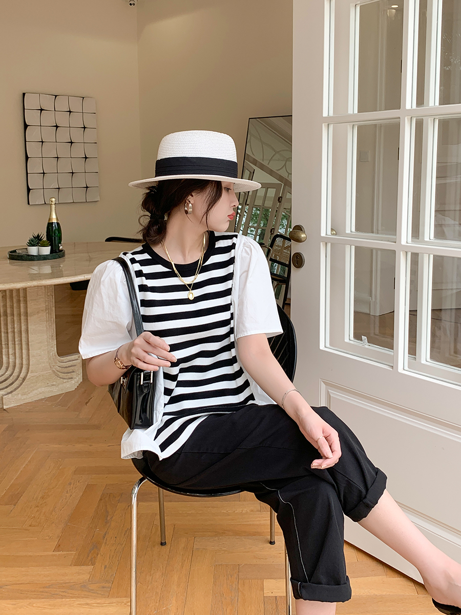 天丝娃娃衫 32支天丝撞色条纹拼接全棉泡泡袖假两件上衣