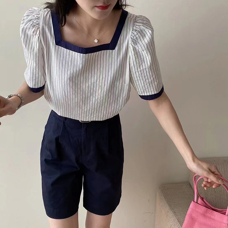 方领条纹短袖女夏拼接领欧洲站复古灰色波点小衫泡泡袖小个子衬衫
