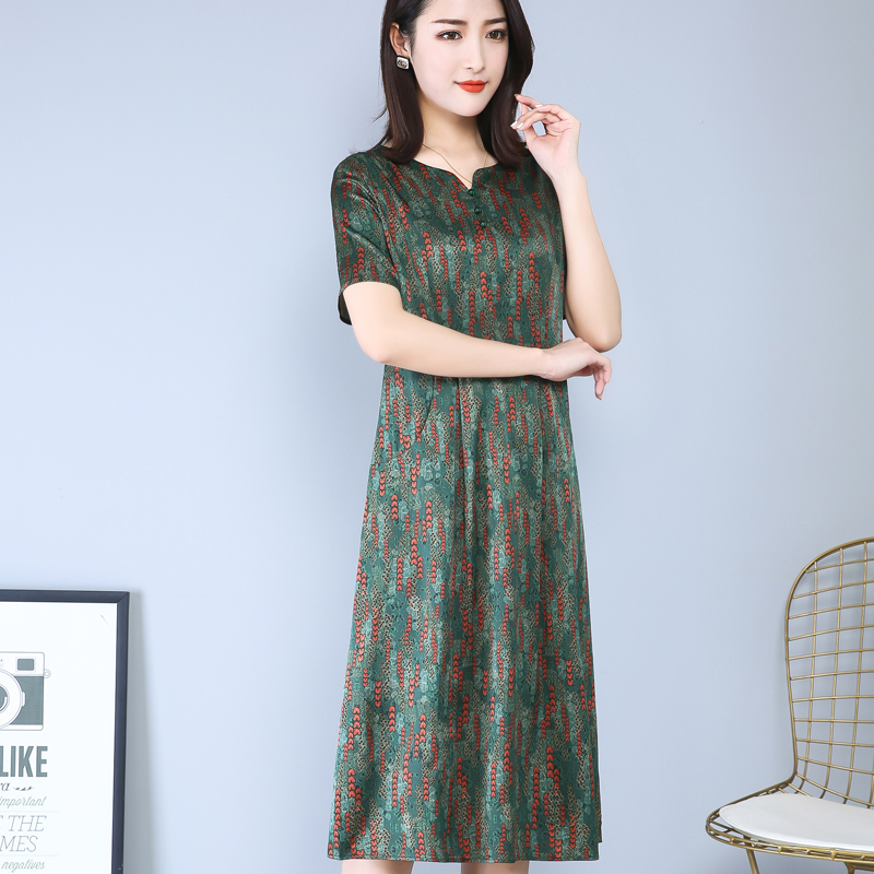 夏季高端真丝连衣裙女印花妈妈装桑蚕丝中长裙