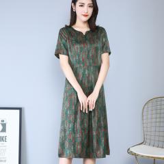 夏季高端真丝连衣裙女印花妈妈装桑蚕丝中长裙