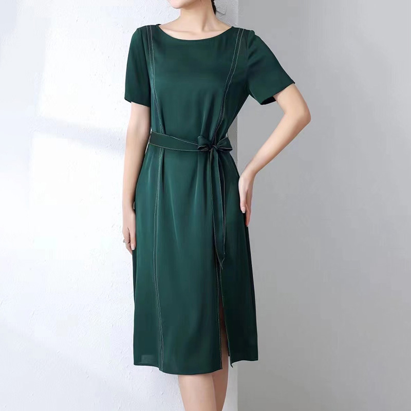 新款小重磅桑蚕丝素绉缎连衣裙圆领短袖腰系带真丝女裙
