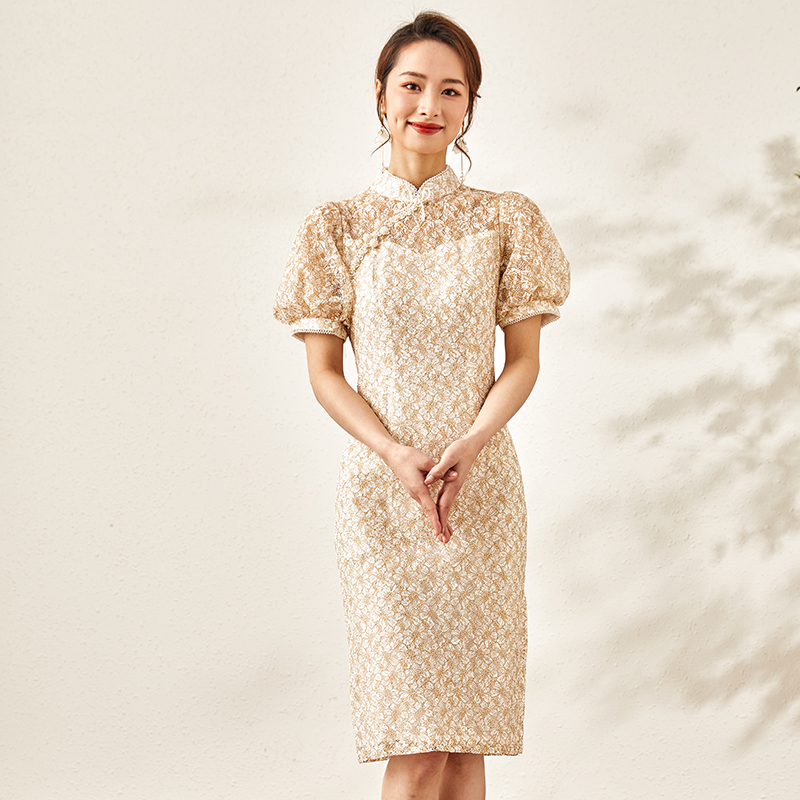 复古改良旗袍小众设计泡泡袖连衣裙