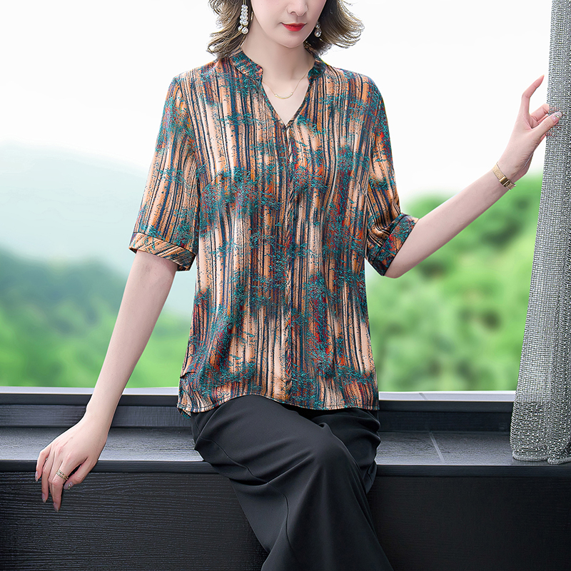 气质妈妈夏装香云纱上衣女洋气短袖T恤中年宽松大码时尚条纹衬衫
