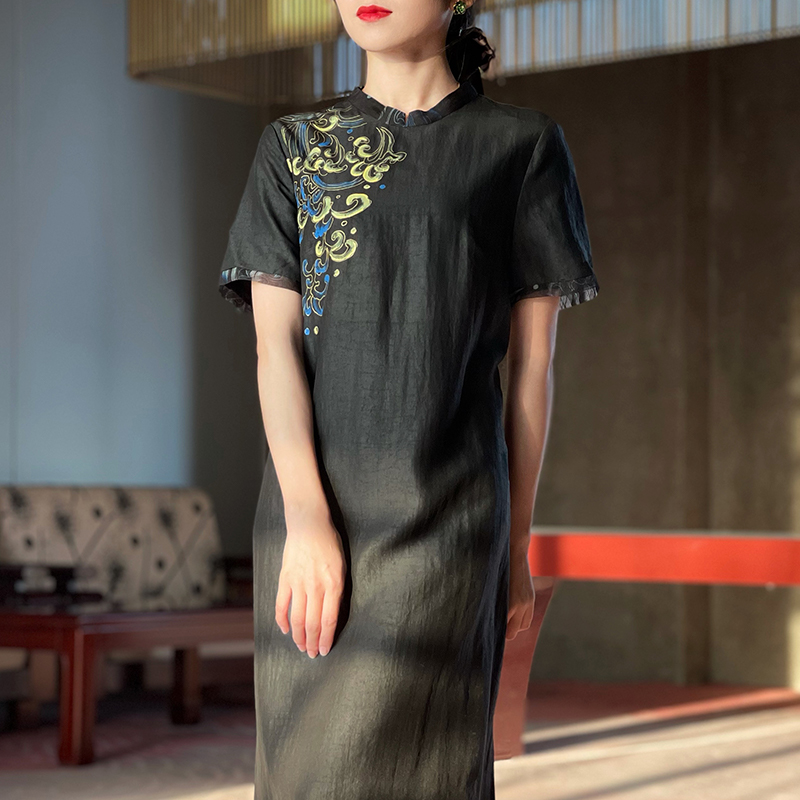 艺术手绘水墨画重磅香云纱龟裂纹连衣裙早秋高端气质时尚裙子新款