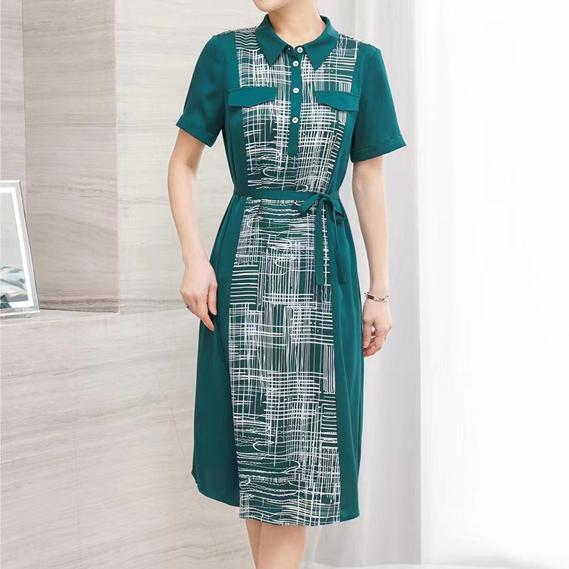 收腰显瘦真丝连衣裙女夏季新款系带polo条纹桑蚕丝裙子