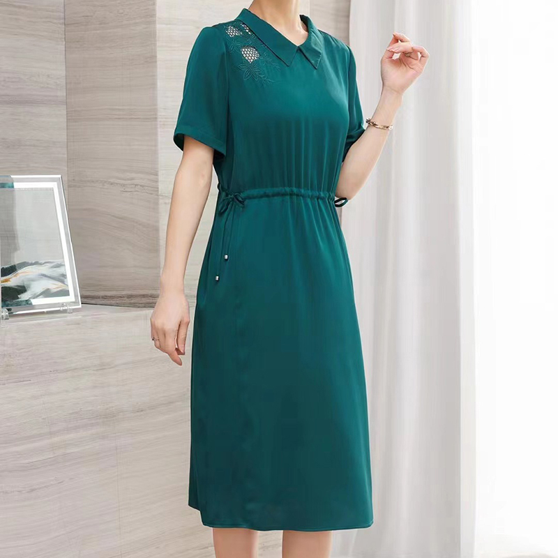 可爱减龄娃娃领新款夏天重工刺绣真丝双绉连衣裙