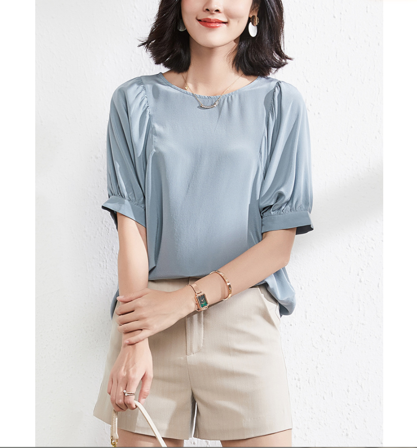 重磅真丝短袖女上衣款夏季中袖纯色圆领气质T恤桑蚕丝衬衫