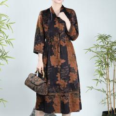 新秋季v领系带香云纱高端桑蚕丝大牌连衣裙花萝提花裙