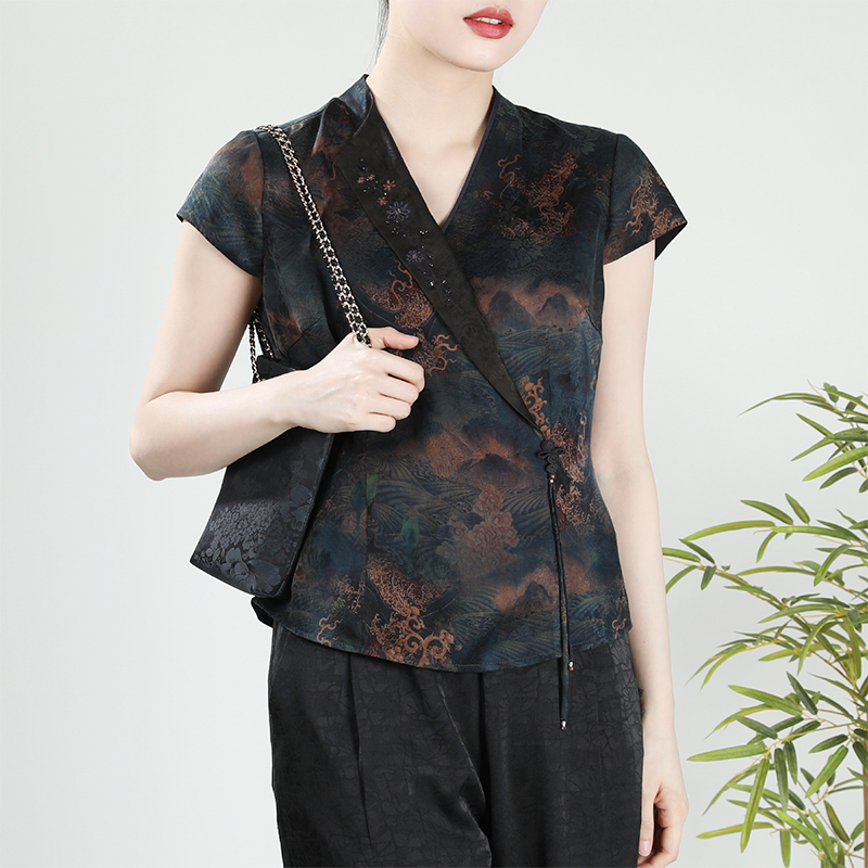 新款花萝香云纱上衣V领深色短袖修身大牌妈妈高端款