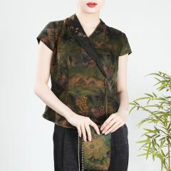 新款花萝香云纱上衣V领深色短袖修身大牌妈妈高端款