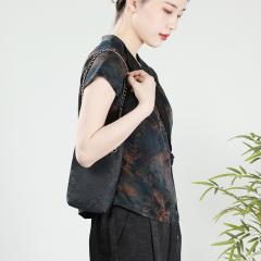 新款花萝香云纱上衣V领深色短袖修身大牌妈妈高端款