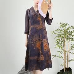 v领山水花萝桑蚕丝连衣裙真丝