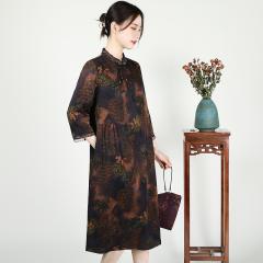 蚕丝夏提花花萝连衣裙长款遮肉长袖气质高级感新款香云纱女