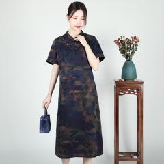 夏季新款旗袍裙短袖桑蚕丝提花香云纱高档立领连衣裙