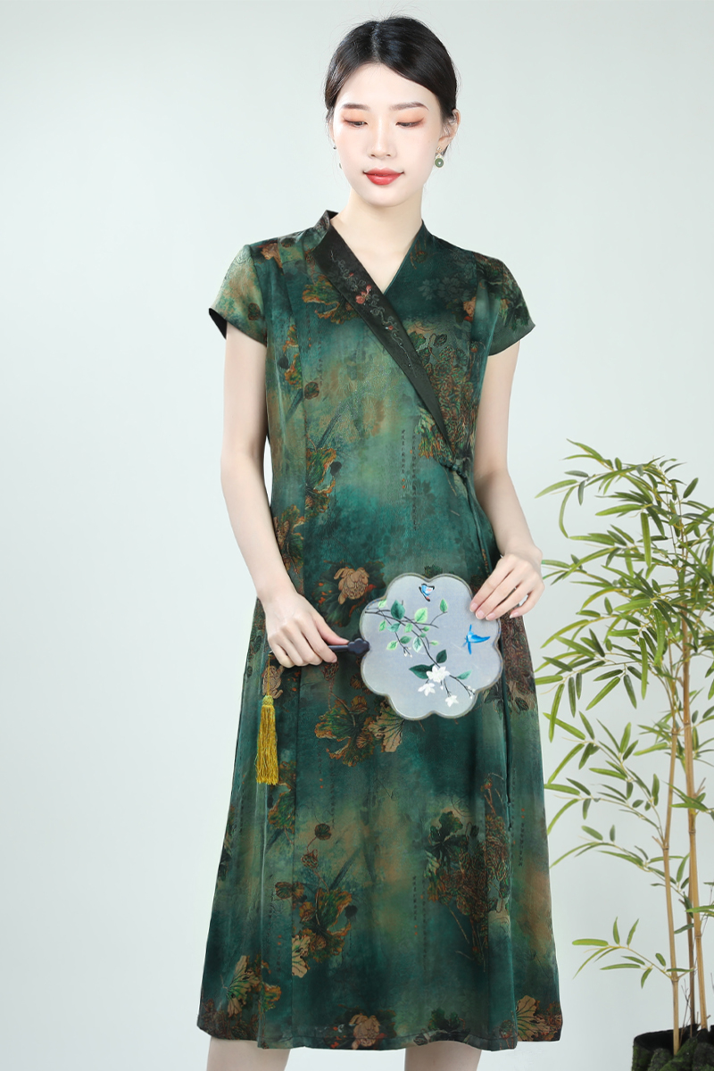 新香云纱桑蚕丝短袖气质旗袍裙夏季气质