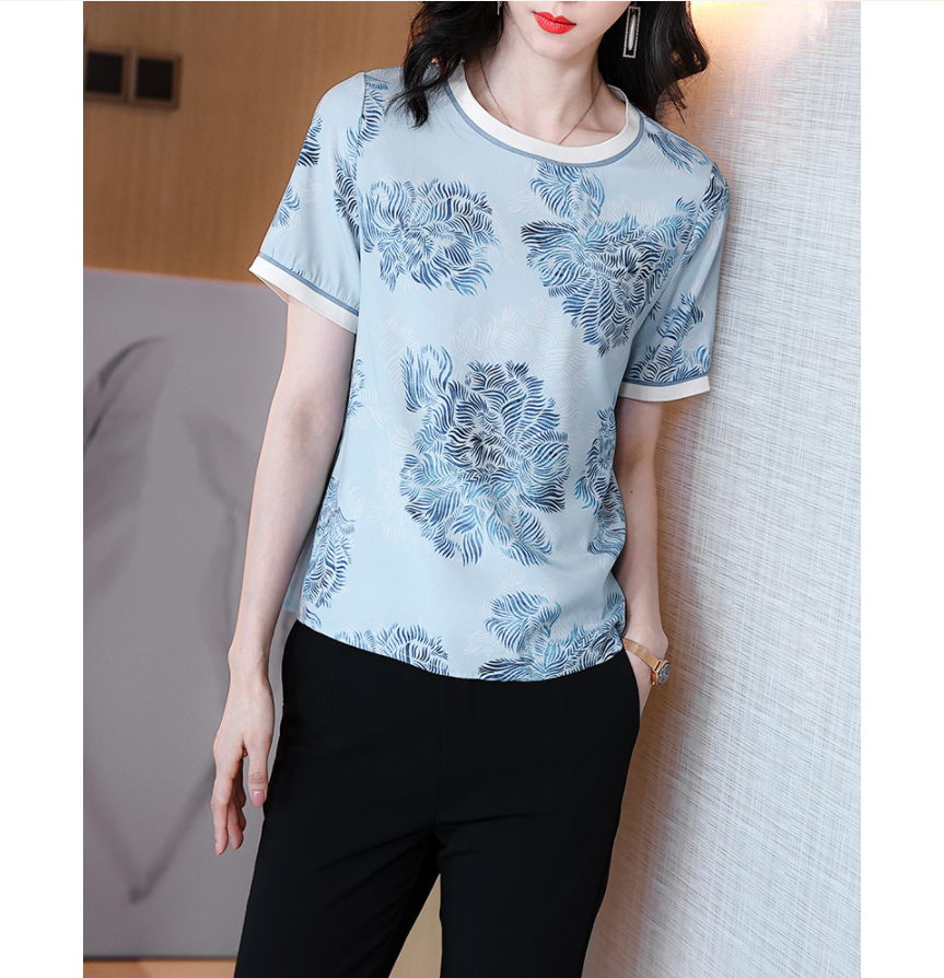 重磅真丝短袖t恤女新款复古桑蚕丝时尚洋气圆领小衫妈妈上衣