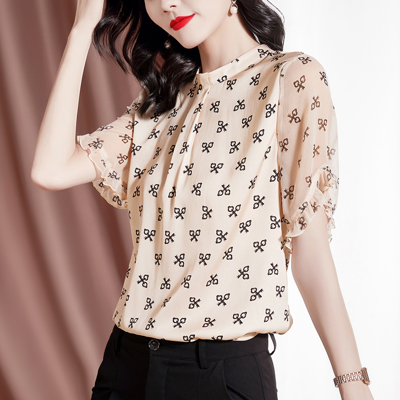 真丝简约风褶皱立领五分袖T恤